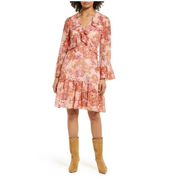 julia jordan Dresses & Skirts - Julia Jordan Ruffled Flounce Bell Sleeve Floral Paisley Pink Midi Dress 8 NWT